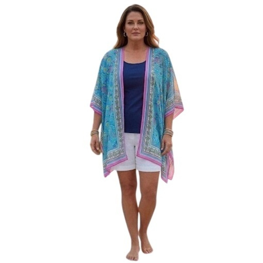 Belle by Kim Gravel Paisley Kimono Wrap Turquoise Pink Blue A398149 Medium